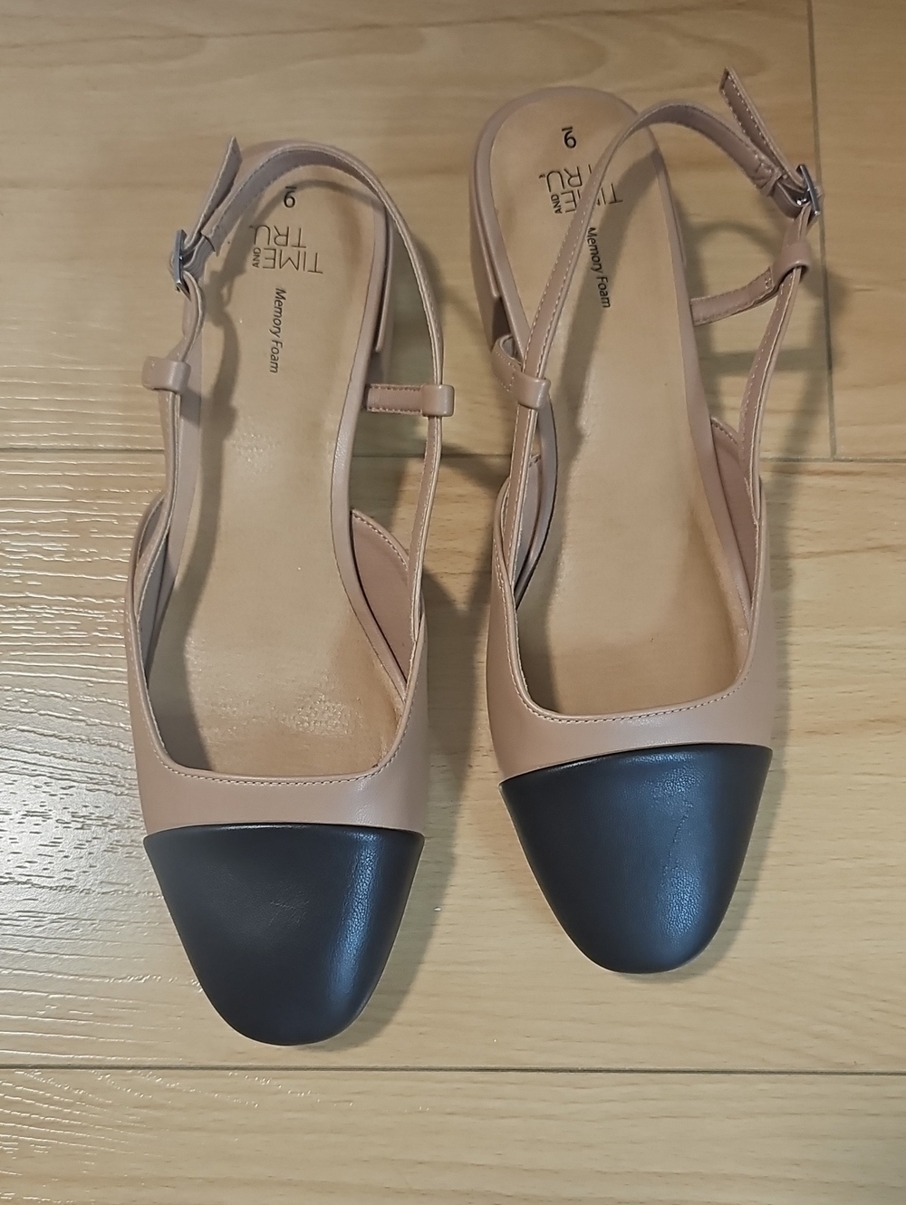 Time and Tru Nude and Black Slingback Flats